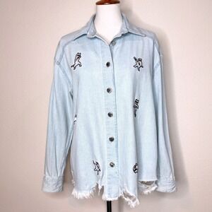 Embroidered Cat Women Denim Shirt SM (38) Lt Blue Distressed Cat Lover Shacket